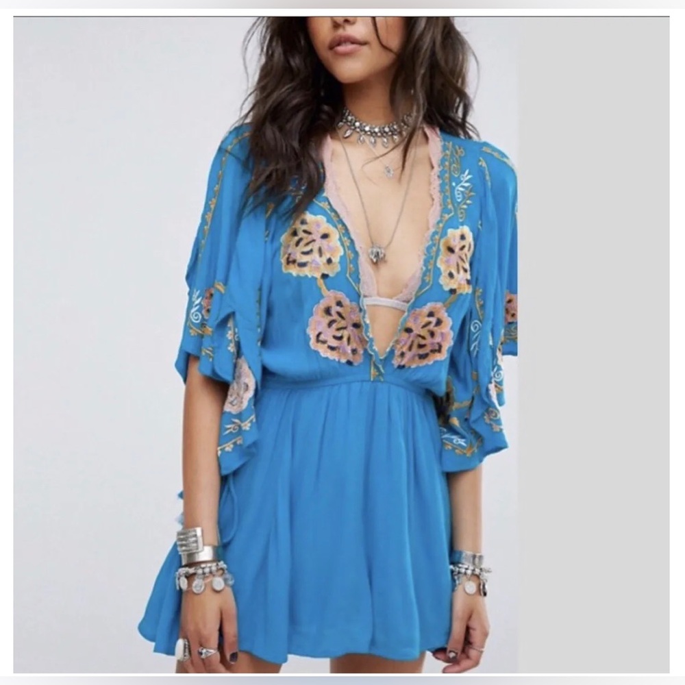 NWT Free People Cora Embroidered Mini Dress in Turquoise Size Large - Picture 2 of 16
